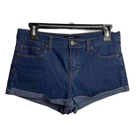 Forever 21 Blue Dark Wash Denim Short Shorts cuffed Cotton Blend Stretchy 27 - Picture 2 of 9